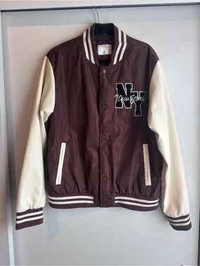 Brown & Cream Varsity Bomber Jacket - NY Patch